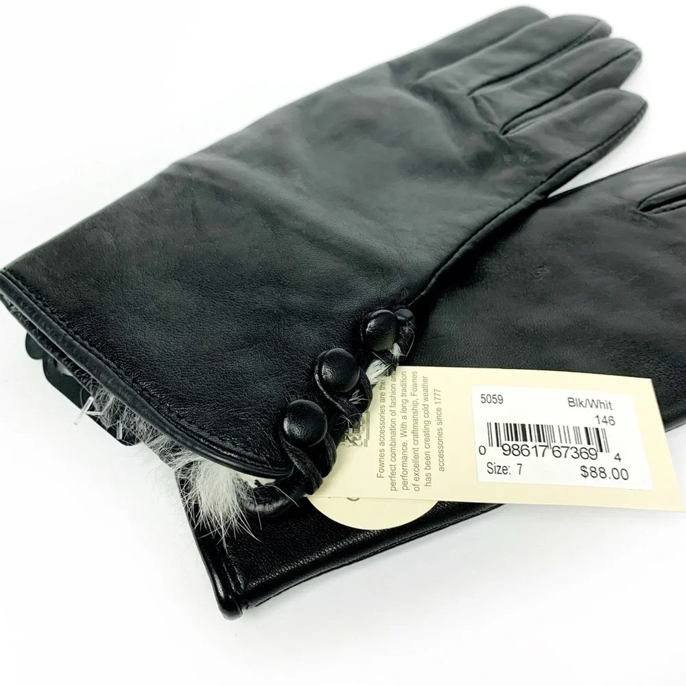 Sleek Black Authentic Leather Gloves With Real Off White Fur Lined Cuffs